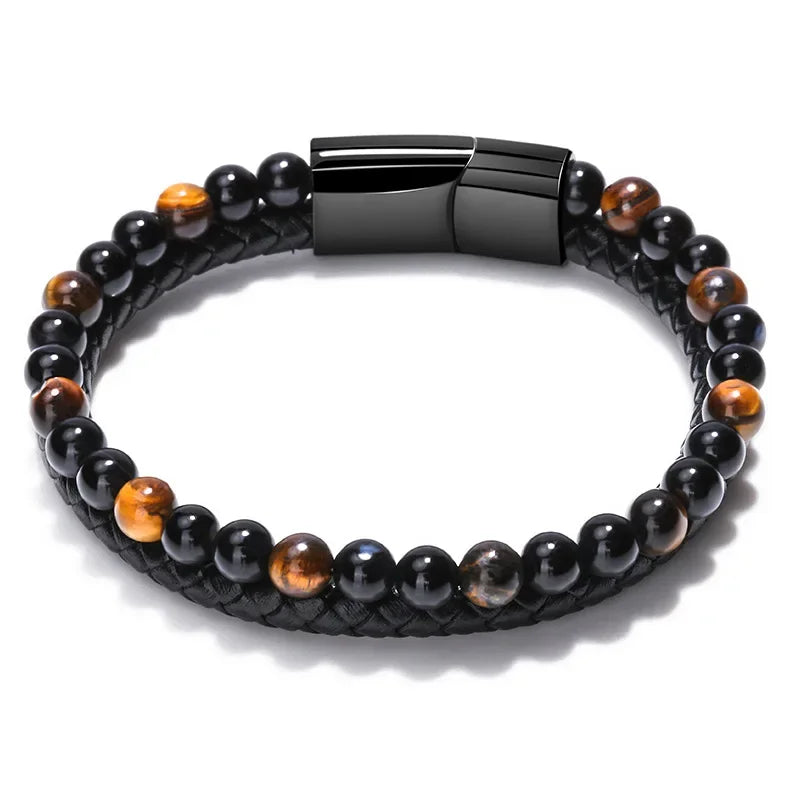 AVERLLA™ Titan Classic Leather & Tiger Eye Beaded Bracelet for Men