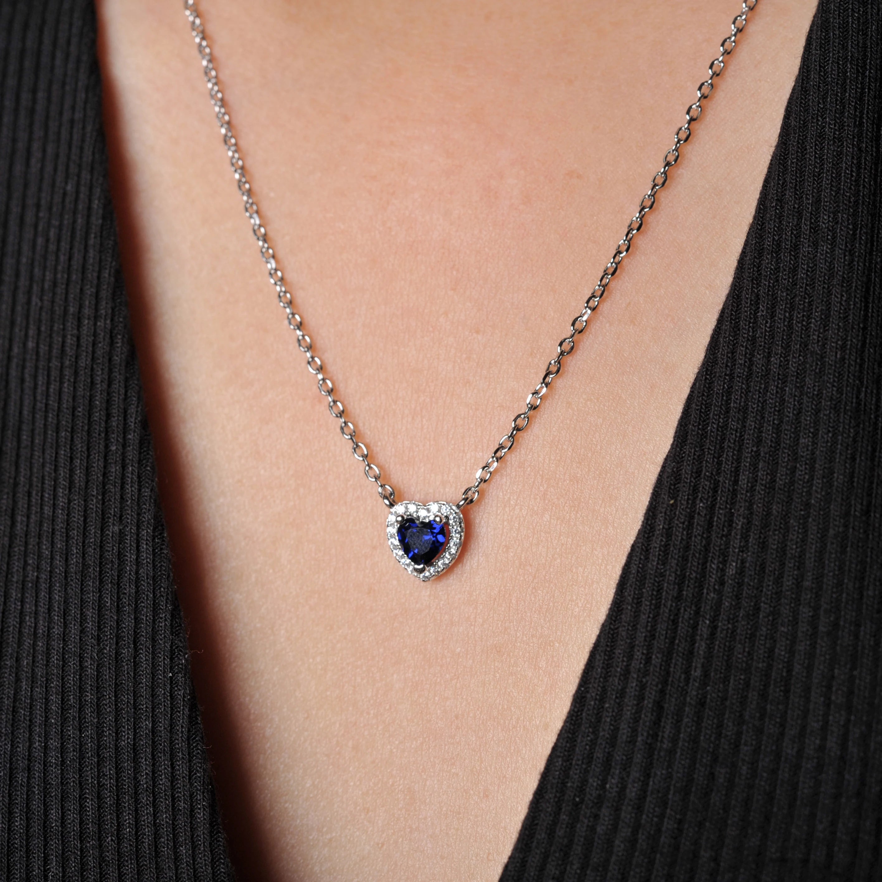 AVERLLA™ Heart Created Blue Sapphire Pendant Necklace in 925 Sterling Silver for Women