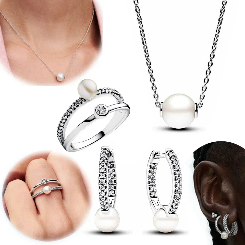 AVERLLA™ Sterling Silver 925 Freshwater Cultured Pearls Collier, Pearl Ring, Necklace & Earrings Jewelry Set for Women