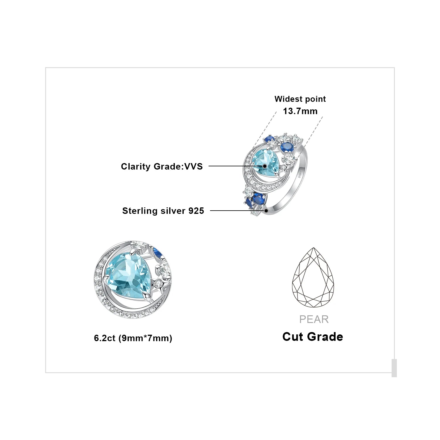 AVERLLA™ Celestial Moon & Star 6.8ct Genuine Sky Blue Topaz & Created Sapphire Statement Ring