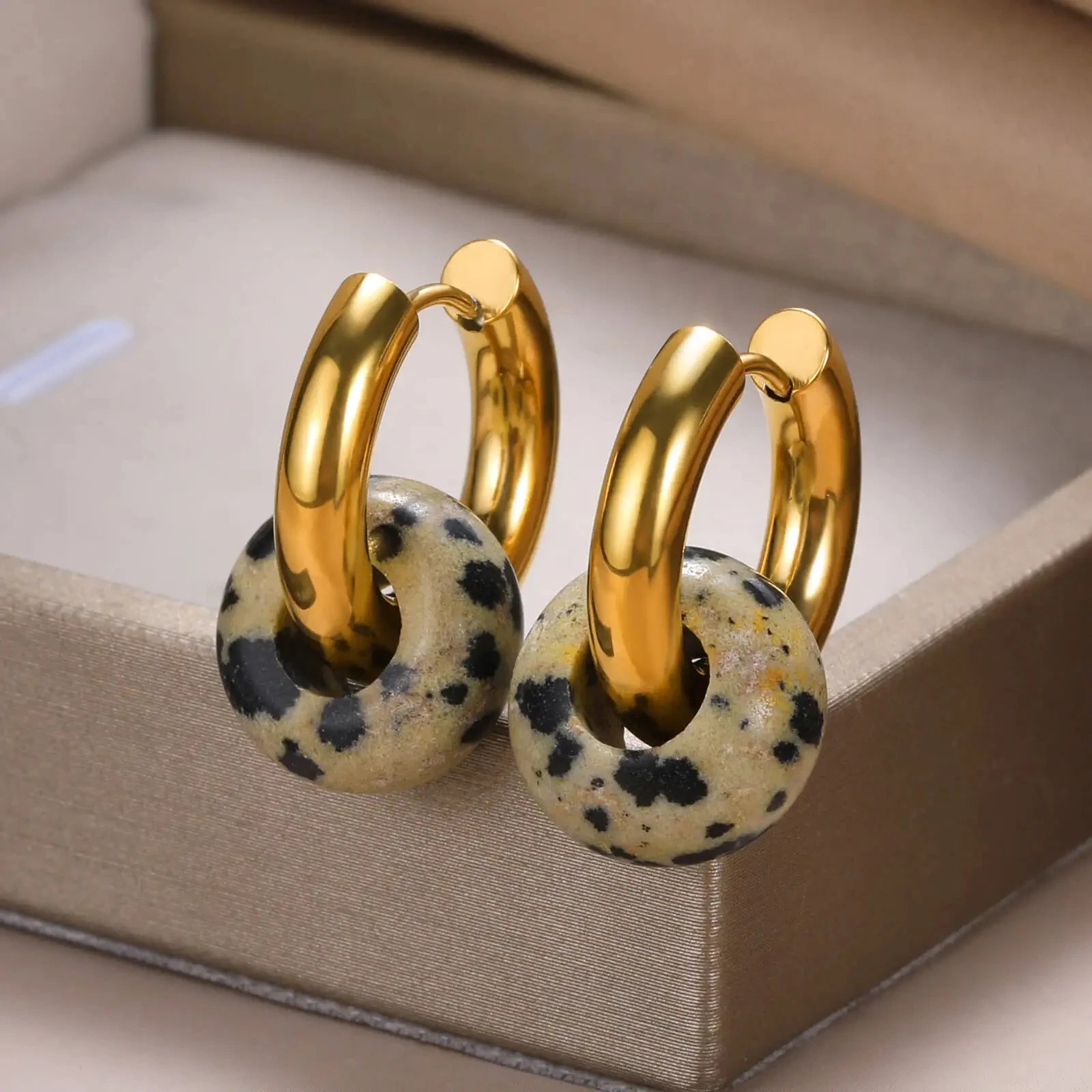 AVERLLA™ Luxe Leopard Opal Round Bead Stainless Steel Earrings – Gold Color