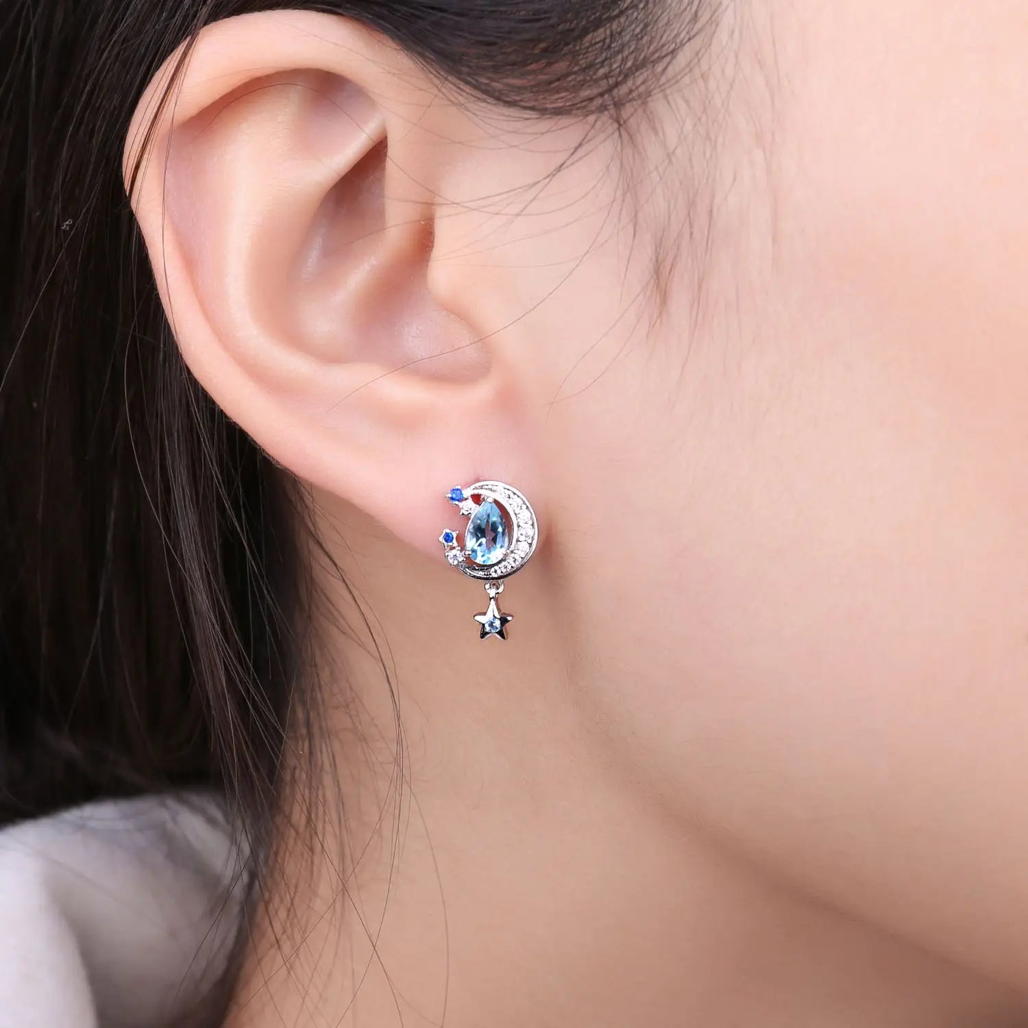 AVERLLA™ Celestial Moon & Star 2.7ct Genuine Sky Blue Topaz & Created Sapphire Stud Earrings