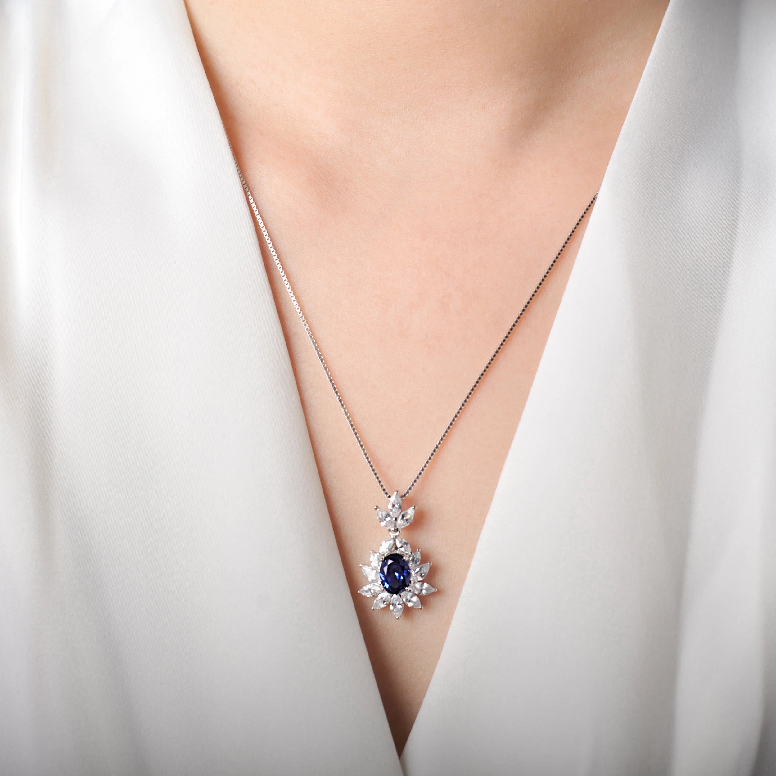 AVERLLA™ Created Sapphire Aesthetic Pendant Necklace in 925 Sterling Silver for Women