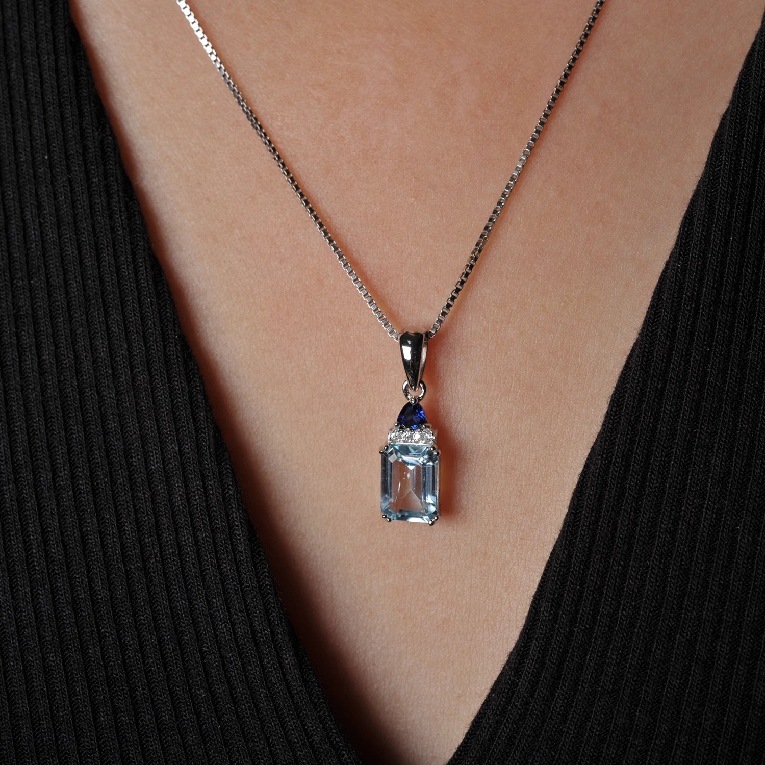 AVERLLA™ Emerald Cut Sky Blue Topaz & Created Sapphire Pendant Necklace in 925 Sterling Silver for Women