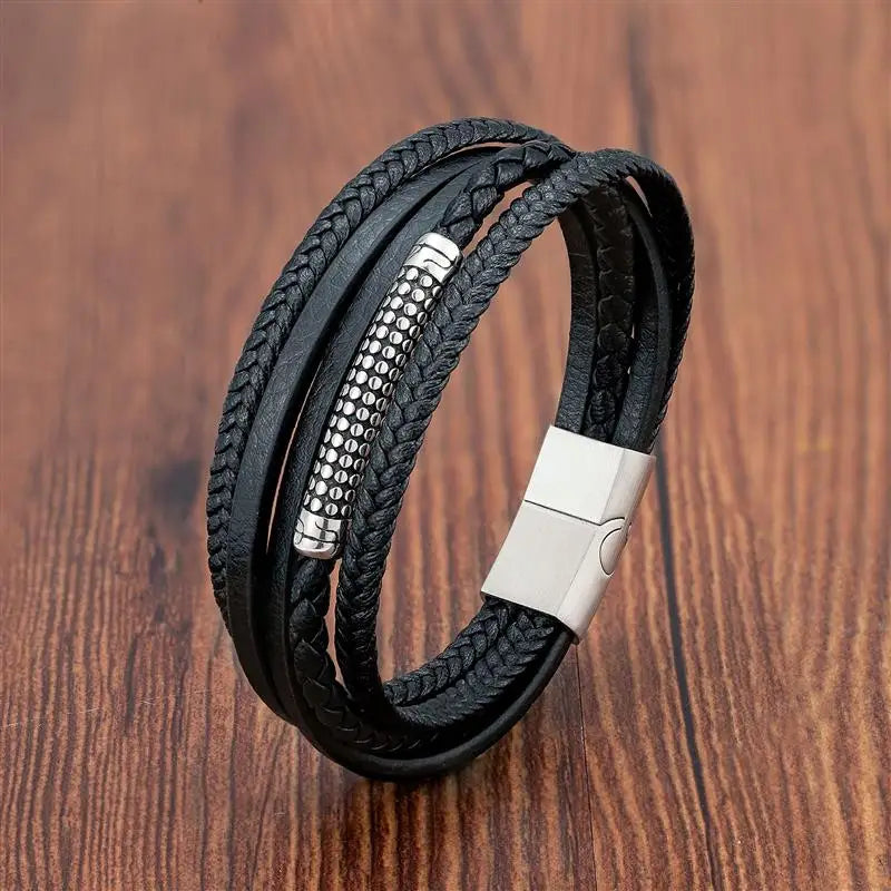 AVERLLA™ Bold Fusion Stainless Steel & Braided Leather Beaded Bracelet for Men