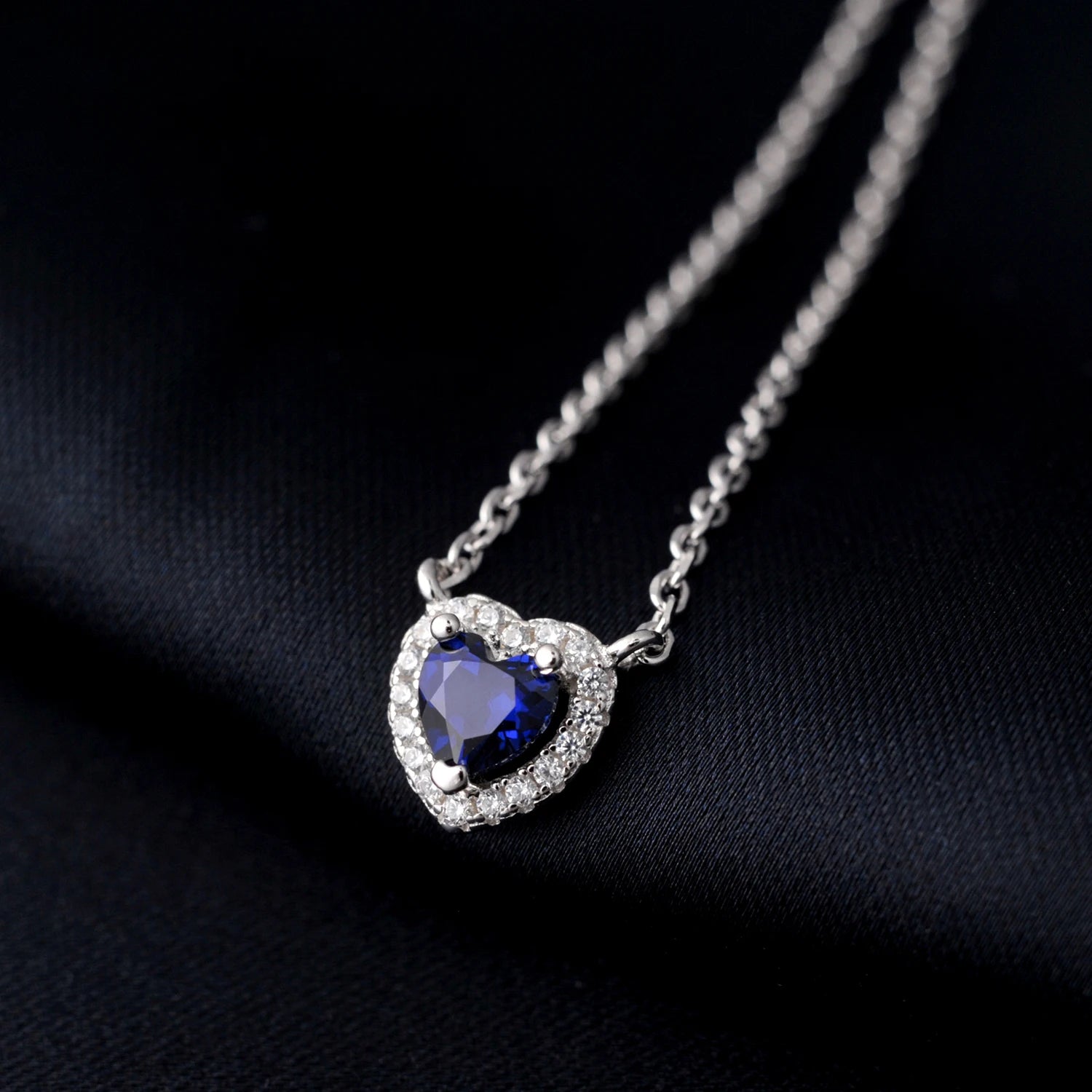 AVERLLA™ Heart Created Blue Sapphire Pendant Necklace in 925 Sterling Silver for Women