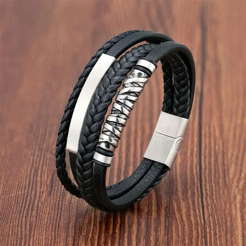 AVERLLA™ Bold Fusion Stainless Steel & Braided Leather Beaded Bracelet for Men