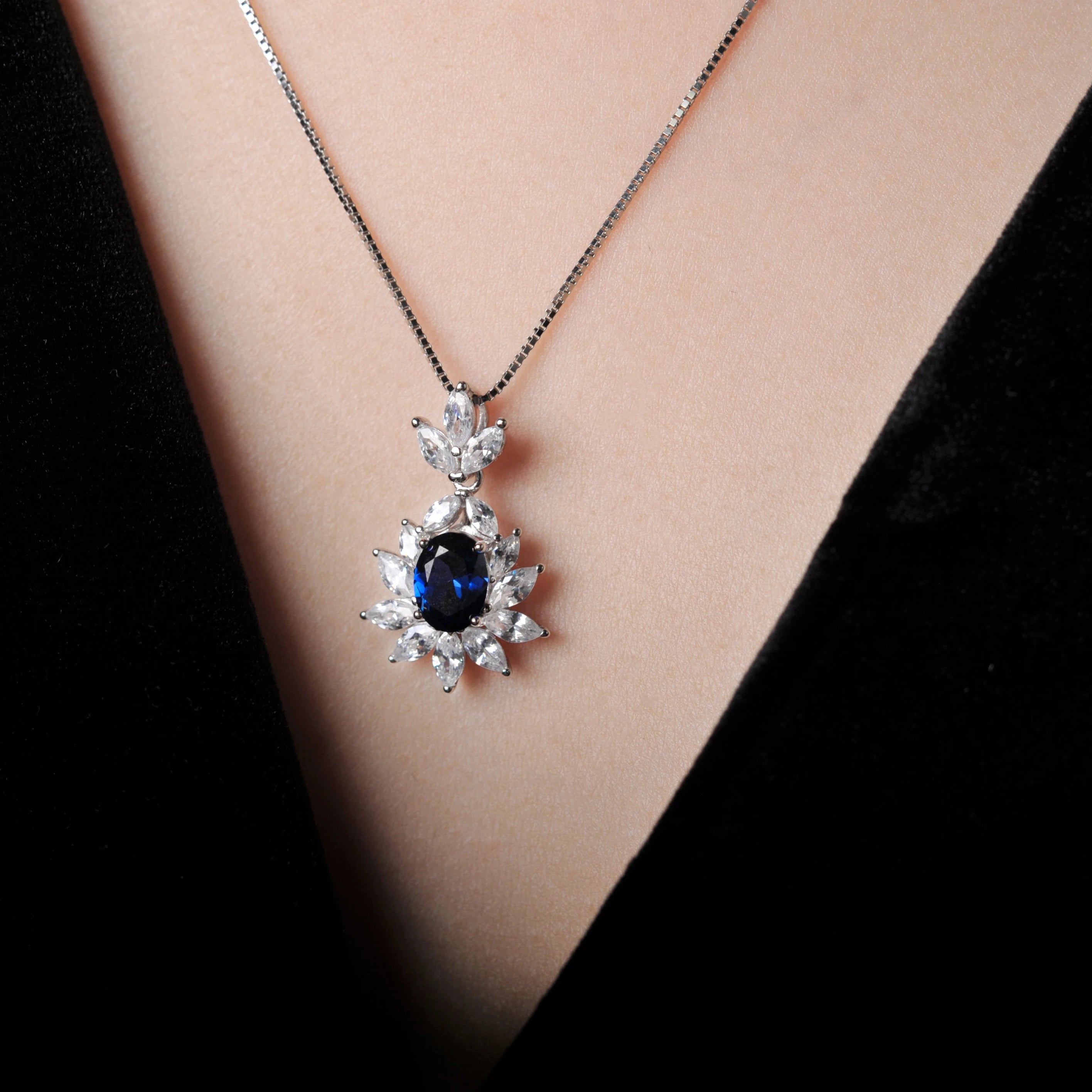 AVERLLA™ Created Sapphire Aesthetic Pendant Necklace in 925 Sterling Silver for Women