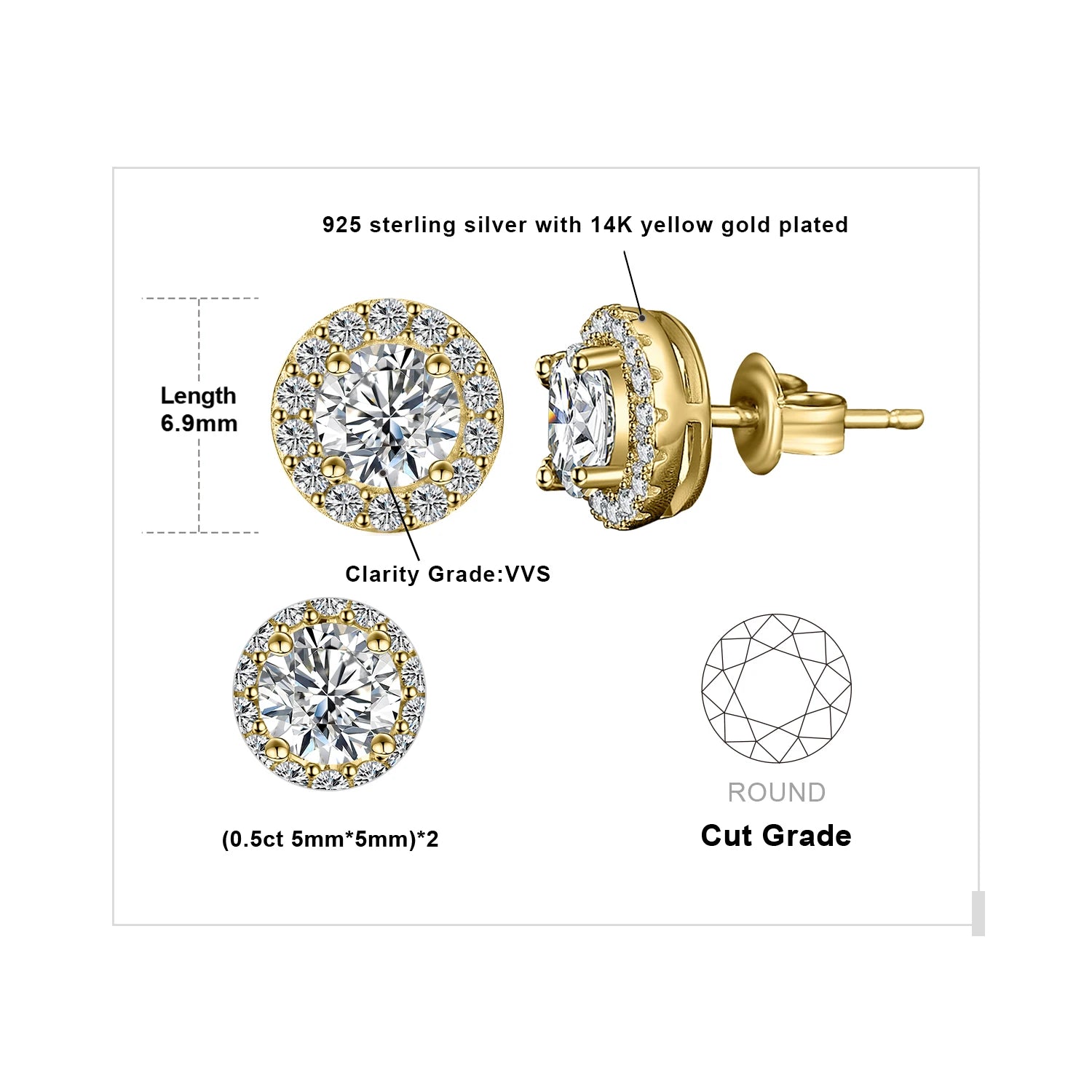 AVERLLA™ Moissanite Halo Gold Stud Earrings